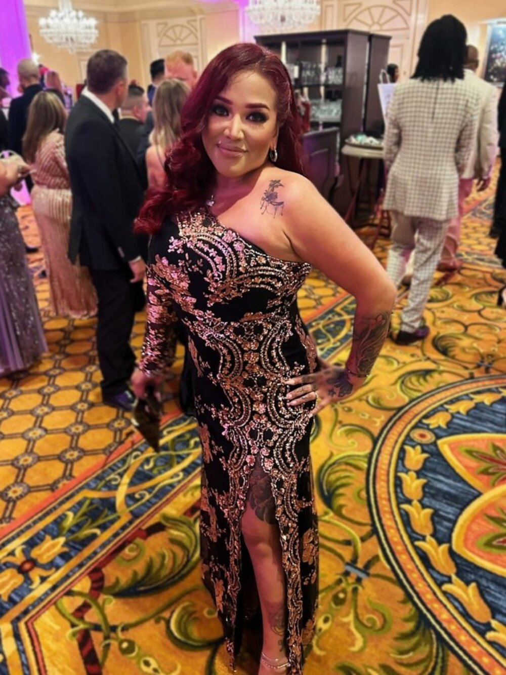 Fashion Nova All Nighter Long Sleeve Sequin Gown - Black/Rose Gold